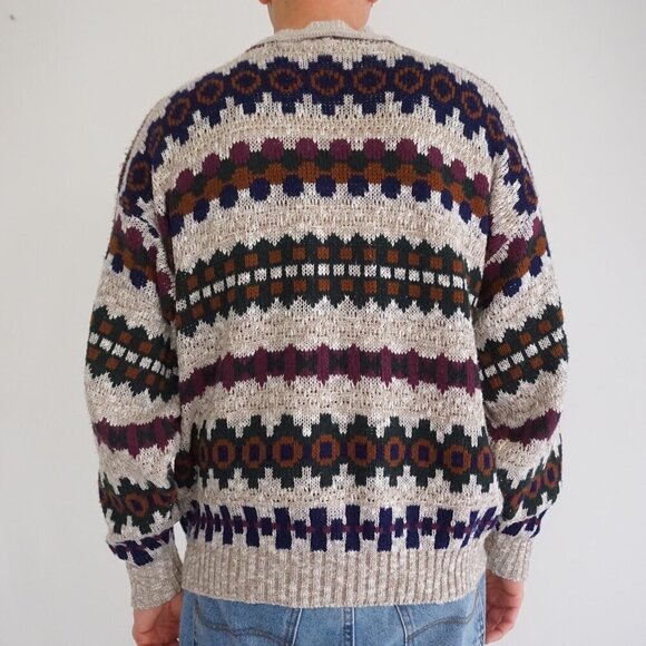 Vtg '80S Ash Creek Taupe Purple Cosby Biggie Eclectic Crewneck Knit Sweater XL - Picture 2 of 10